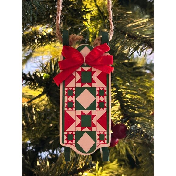 Vintage Crystal Collectibles Wooden Sleigh Ornament With Box & Red Bow - Picture 1 of 8